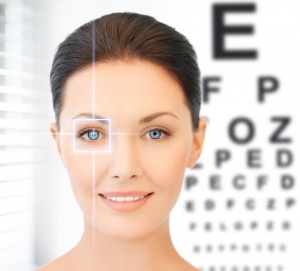 future technology, medicine and vision concept - woman and eye c